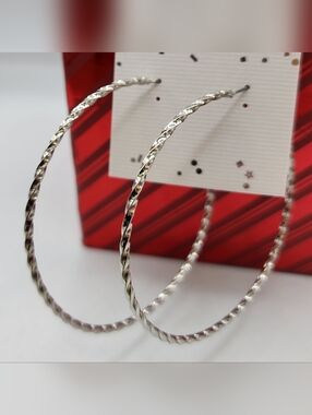 Silver Tone Twisted Large Hoop 3 Inch Pierced Earrings